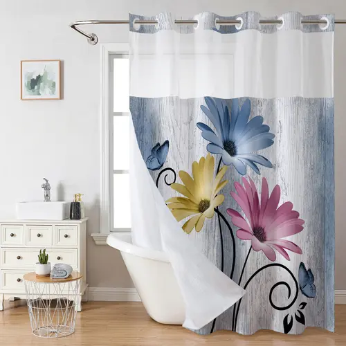 Colorful Floral Pattern Hookless Shower Curtain, Multi-Color No-Hook Design, Easy to Install, Waterproof & Washable, Perfect for Bathroom or Modern Home Decor, 72×75 in