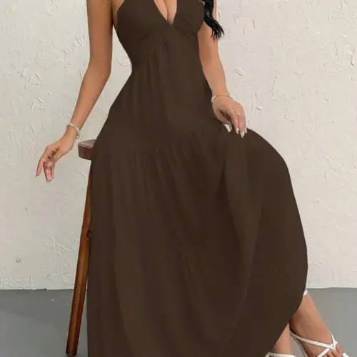 Women's Beach Vacation V-Neck Tie Back Adjustable, Elegant Chic Butterfly Knot Design, Sleeveless Summer Party, Perfect for Tropical Getaways, Club Party Dress