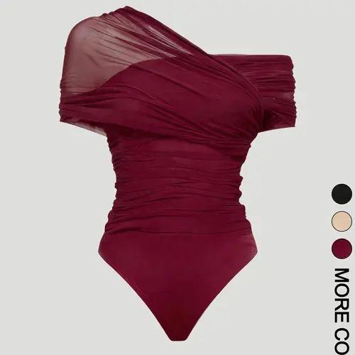1 Piece Asymmetrical Off Shoulder Mesh Bodysuit for Women, Ruched Sheer Mesh Overlay Slim Fitting Bodysuit,  Figure Flattering Top for Going Out Club Party Date Night, Trendy Y2K Coquette Sexy Elegant Aesthetic, Shapewear Bodysuit