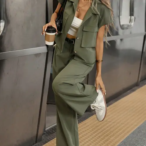 2 Piece Summer Women Casual Cargo Outfits, Summer Sets Casual, Olive Green Short Sleeve Button Down Shirt & High Waist Wide Leg Pants Set, Streetwear Y2K Vintage Vacation Daily Commute Going Out Loungewear, Womenswear Suits, Casual Chic & Everyday Set