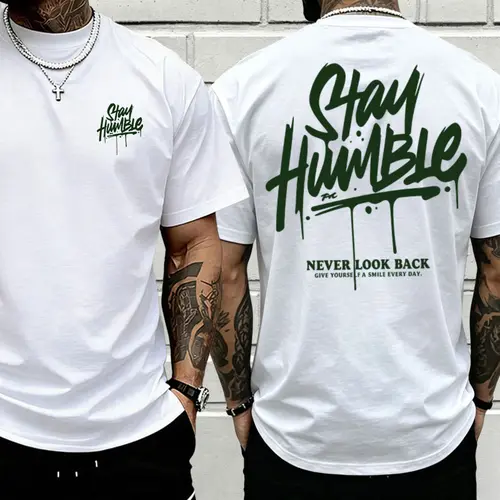 Men’s double-sided print “Stay Humble Never Look Back” graphic T-shirt, vintage drip letter oversized cotton tee, motivational streetwear casual top for everyday wear,summerwins,father'sdaygifts