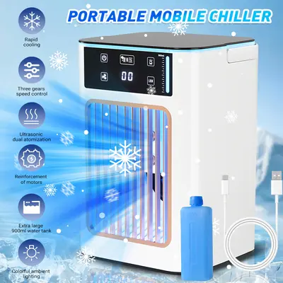 SummerVibes-Desktop Tower Fan with Humidifying Mist | 3-Speed USB Powered Mini Fan, 900ml Tank & Ice Box for Refreshing Air in Small Spaces