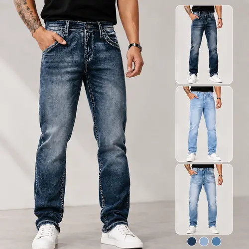 Men's Regular Fit Embroidered Stretch Denim Jeans - Denim Style Men's Jeans, Raw Wash Fabric, Pockets, Subtle Street Detail Embroidery, Classic Streetwear Casual Bottoms, Button Closure (Blue, Gray)