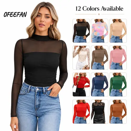 Womens Sexy Mesh Long Sleeve Shirts Fashion Clothing Turtle Necks Sheer Ruched Going Out Tops Fall Outfits Slim Fit Blouses Womenswear