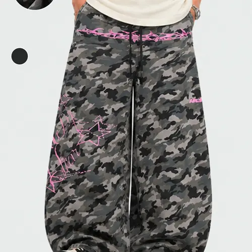 TELLFUN- Unisex Casual Camo Star Sweatpants Y2K Vintage Pink Graphic Print Mid-Rise Baggy Wide Leg Streetwear Trousers