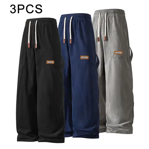 Men's 3-Pack Summer Corduroy Baggy Pants - Broad-Leg, Casual, Comfy Adventure Pants for Guys, Elastic Waistband & Drawstring, Soft Fabric for Summer Sports, Outdoor Activities, Broad-Leg Men's Pants