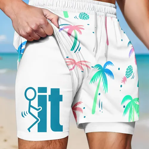 Men's Double-Layer Tropical Print Shorts, Quick-Dry Anti-See-Through Lining, Drawstring Waist, Casual Beach Pool Wear Shorts for Summer, Active Beach Days, Quick Dry Trunks