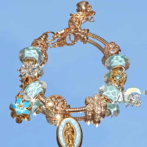 Religious Virgin Mary Charm Bracelet, Religious Moon Bracelet, Fashion Blue Cherry Blossom DIY Bracelet, Heart Life Tree Bracelet, Pretty Bracelet, Faith Jewelry