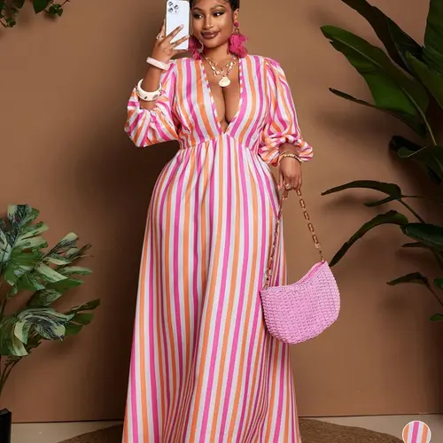 Women's Plus Size Striped Dress, V Neck Lantern Sleeve, Waist Cinch A-Line Long Dress, Summer Vacation Wear, Maxi Dresses