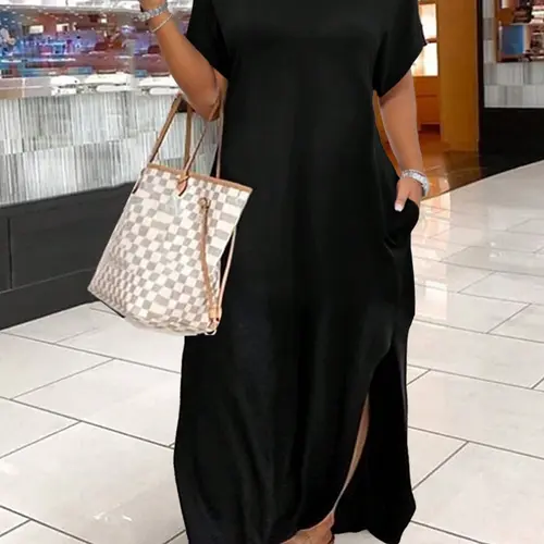 Plus Size Women's Solid Color Basic Round Neck Dress with Pockets, Long Casual Loose-Fitting Dress for Daily Wear, Everyday, Comfortable Street Style, Round Neckline