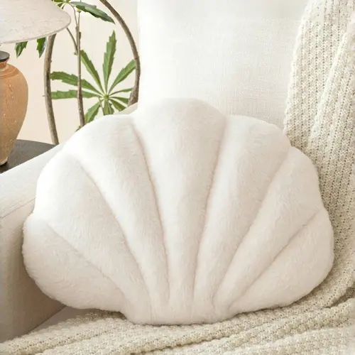 White Seashell Shaped Plush Throw Pillow, Soft Cushion, Cushions for sofa, Minimalist Coastal Faux Fur Cushion, Fluffy 3D Shell Decorative Pillow for Bedroom, Living Room, Gift for Home Decor Enthusiasts