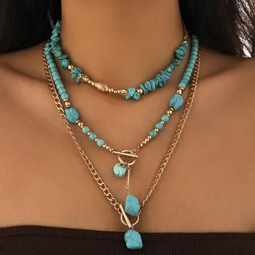 A set of three bohemian turquoise beaded stacked necklaces for women, perfect as accessories for holidays, birthdays, dates, parties, vacations, shopping, and daily commutes