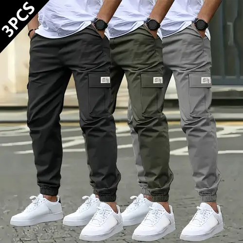 3-pack men’s American street-style cargo pants — multi-pocket straight-leg casual trousers with a drawstring waist; stylish, minimalist, and versatile—perfect for everyday wear and work; an ideal gift for friends and suitable for daily work settings.