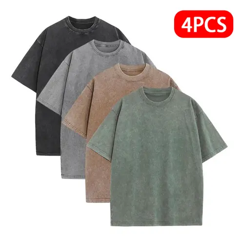 Men’s Oversized 1/4 Pack Pure Cotton Vintage Heavyweight Loose-Fit Acid Wash Fitness T-Shirts, Summer Sports Tee