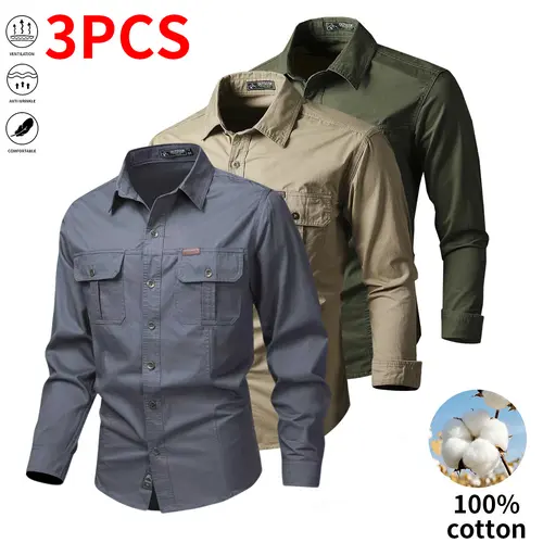 Set of three pure cotton long-sleeve work shirts for men: button-up work/utility tactical shirt for fishing and hunting; casual loose-fit long-sleeve button shirt with two pockets, suitable for outdoor hunting.