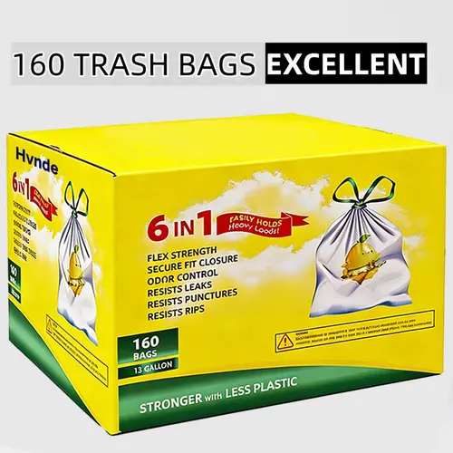 【Summerwins】160-Count 13 Gal Boxed Disposable Trashbags, Easy pull design,Non-Tear Puncture-Resistant Kitchen Drawstring Garbage Bags , Durable Easy-to-Use Drawstrings