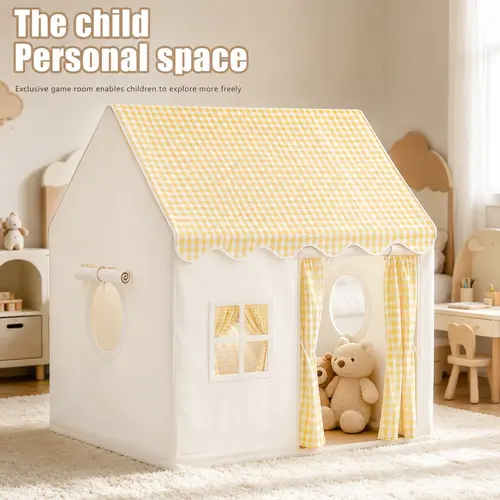 Kids Playhouse Tent with Round Grid Windows, Checked Side Windows, Portable Play Tent for Imaginative Play, Fun Outdoor Activity Center, Pretend Play Tent