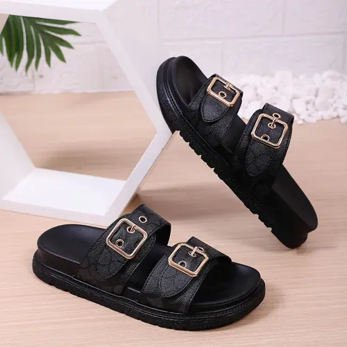 European Style Thick Sole Buckle Sandals for Women, Versatile Plain PU Leather Beach Shoes, Casual Open-Toe Flip Flops