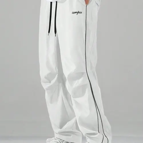 Trendy Men's Letter, Regular Fit Comfortable Straight Leg Long Pants, Loose Casual Comfy, Fashion Male Spring Fall, Drawstring Side Stripes, Outdoor Wear