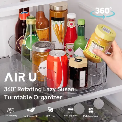 AIR U 360-Degree Rotating Lazy Susan Turntable Organizer - 1-Pack Home Supplies, Rectangle Countertop Kitchen Organizer, Lazy Susan Fridge & Tabletop Storage for Condiment Spice Sauce Bottles Jars
