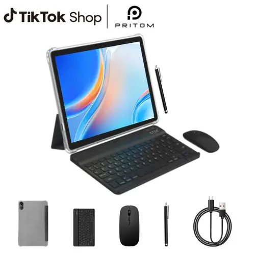 PRITOM Android 15 Tablet (10.1 in HD IPS Display) - 12GB(4+8) RAM, 64GB ROM, Bluetooth Audio, 2MP Dual Cameras, 2-in-1 Detachable Keyboard Set, USB, Screen Protector, Grey+Black, Father's Day & Back-to-School Gift