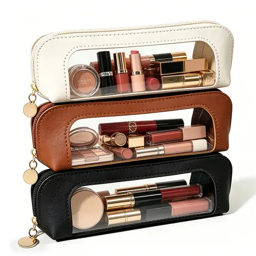 Portable Lightweight PVC Makeup Brush & Cosmetic Bag - Multi-Functional Zipper Pouch, Beauty Organizer, Makeup Brush Cleaner, Clutter-Free Storage for Travel & Stationery, Trendy Girls' Essential to Store Neatly