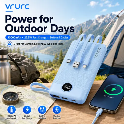 VRURC 10000mAh Lightweight Power Bank with 4 Built-in Cables, LED Display, USB-C & Micro USB Recharge, 4 Outputs, Smart Chip Guards Devices, Multi-Device Mobile Charging Accessory for iPhone, Android, International Travel