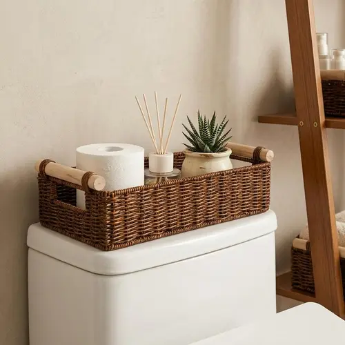 BROWNLILY Handwoven Wicker Weave Toilet Tank Basket - Toilet Storage Bath Basket Open Storage Bins with Easy Lift Wooden Handles, Rectangular Organizer Holds Extra TP and Tissues, Vanity Counter Shelf Holder