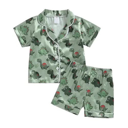 Ma&Baby Toddler Baby Boy Silk Pajamas Dinosaur Satin Pajamas Set Short Sleeve Button-Up Top Shorts 2PC PJs