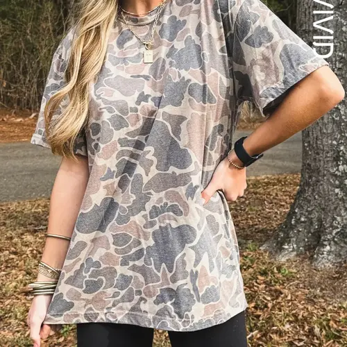 Women's Casual Retro Streetwear Camouflage Print Round Neck Short Sleeve Oversized T-Shirt, Summer Wear, Comfy, Comfortable, Breathable & Stylish, Tops