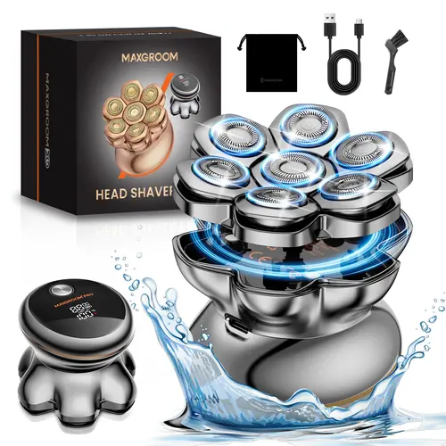 MAXGROOM PRO 7D Cordless USB Rechargeable Head Shaver & Head Trimmer for Bald Men - Electric Shaver with 7 Blades, 1 AAA Battery, IPX6 Waterproof, LED Display, 2 Speed Settings, Cooling Design, Premium Gifts, Dry Shaving Solutions
