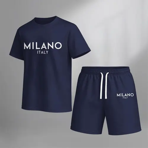 Men’s Milano Printed Casual Short Sleeve T Shirt and Shorts Set, Summer 2 Piece Outfit, Soft Breathable Matching Set with Drawstring Shorts for Beach, Outdoor Activities, Travel, Workout, and Everyday Style