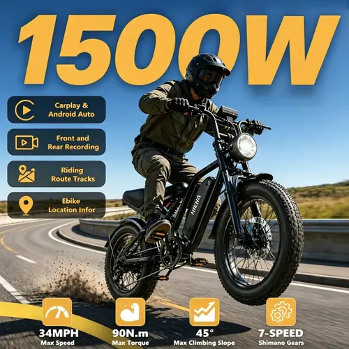 Hieha 2026 New Generation Smart Electric Bike for Adults - 1500W High-Speed Motor, 34MPH Top Speed, CarPlay Display, Dual Cameras, APP Integration, Waterproof All-Terrain, OTA Updates Keep It Fresh, Off-Road Ride, Father's Day Gift
