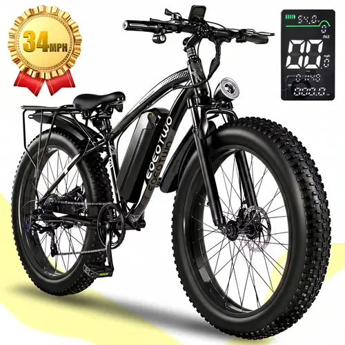 EOEOTWO E01 1500W Peak Power 48V 15Ah Battery Ebike, 34MPH Top Speed, 60 Miles Range, Aluminum Alloy Handlebars Off-Road,26''*4 Fat Tire Snow City Commute Camping Fishing Delivery  Electric Bicycle