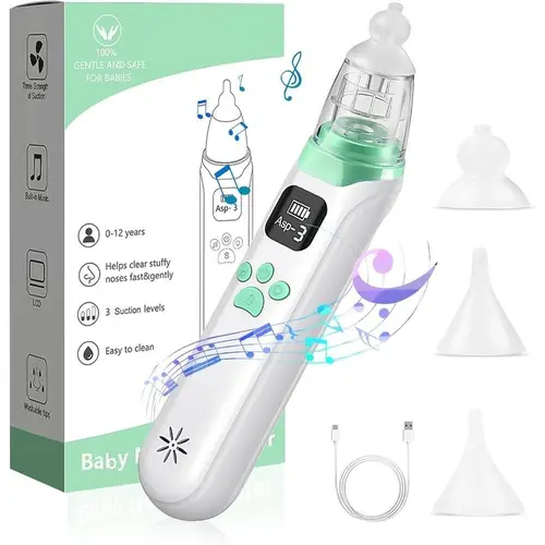 Baby Nose Aspirator, Infant Electric Nasal Suction Pump, 3 Silicone Nozzles, Pause, Music, Gentle Comfort Features