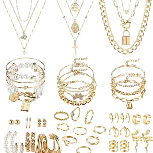 46 Pcs Gold Plated Elegant Fashionable Matching Jewelry Set, Necklace Gift Set for Women, Necklace & Bracelets & Knuckle Rings & Ear Cuffs & Earrings, Women's Accessories