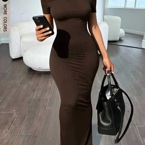 European Style One Shoulder Short Sleeve Dress, Bodycon, Slim-Fit Waist Cinch Ruched A-Line Long Skirt, Casual Daily Wear, Date Night