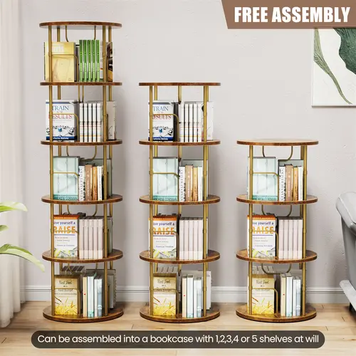 Flycity Rotating Bookshelf,3 Tier -5 Tier Spinning Bookshelf Tower,360° Display Unique Round Bookcase,Floor Standing Corner Revolving Bookshelf Storage Organizer for Home Study Office Furniture Living Room