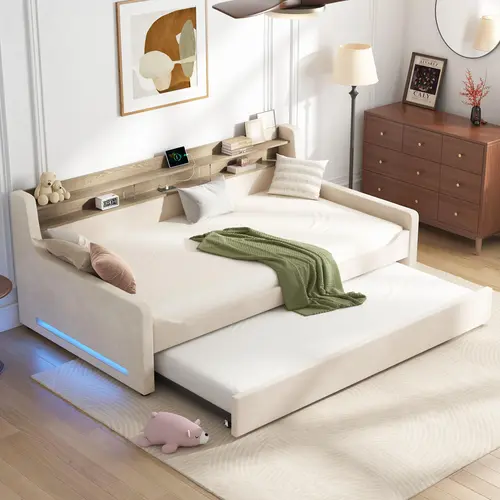 [SummerSale] ALBOTT Twin Upholstered Velvet Daybed with Trundle, LED Night Light, Storage Headboard, USB Charging, Space-Saving Beds with Lights for Bedroom, Guest Room, With Lights Beds