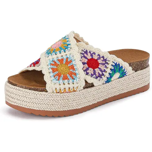 Coutgo Women's Floral Crochet Footwear - Open Toe, Braid Accent, Cork Platform Sole Cushions Each Step, Casual Comfy Sandals, Elegant Yet Casual Look, Summer Beach Walking Slides, Walking Shoes, Platform Sandals