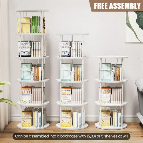Flycity Rotating Bookshelf,3 Tier -5 Tier Spinning Bookshelf Tower,360° Display Unique Round Bookcase,Floor Standing Corner Revolving Bookshelf Storage Organizer for Home Study Office Furniture Living Room