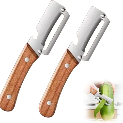 Kitchen Multi-function Stainless Steel Thickened Fruit Peeler Knife,Multifunctional Vegetable Peeler,Vegetable Peele Wood Handle,Multifunctional Peele 2 in 1,for Peeling&Opening Bottles (2pcs and 4pcs),Summervibes Father's Day Gift