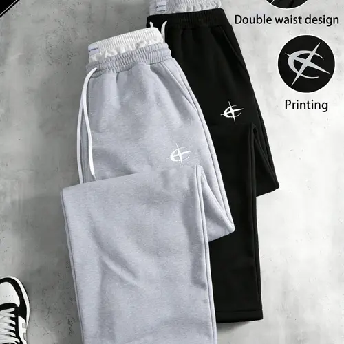 Men's Loose Fit Cotton Track Pants (S/M Sizes), Unisex 2000s Street Style Double-Waist Workout Joggers with Star Print Faux 2-Piece Contrasting Waistband Detailing (1/2/3-Piece Packs)