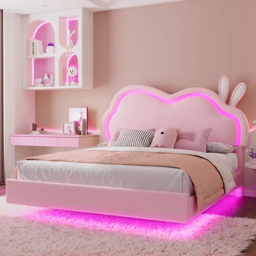 ALBOTT Floating Full Size Bed Frame, Leather Upholstered Child Design Platform Bed with Adjustable RGB LED Cloud-Shaped Headboard, Wood Slats Support, No Box Spring Needed, Child Design Beds[tiktokshopbacktoschool][SohoChic]