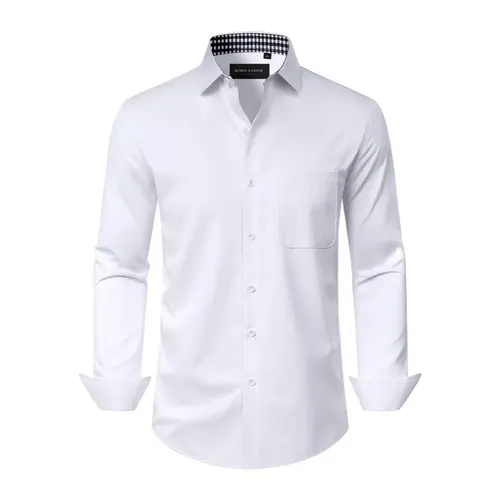 AMZPURE Men's Lightweight Long Sleeve Shirt - Workday Ready Business Casual Style with Checkered Inner Collar for Office, Daily Wear & Meetings