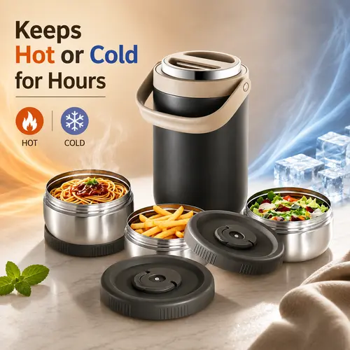 3-Layer Insulated Stainless Steel Meal Prep Containers & Vacuum Storage Set, Leak-Proof Bento Style Boxed Lunch Boxes with Cutlery, Hot-Cold Retention, Fresh Meals on Busy Days, Portable for Lunch on the Go
