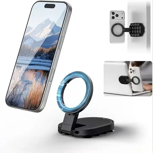 【toolupgrade】QY76 MagLock Magnetic Car Phone Holder - Portable Suction Cup Grip Stand with Iron Clip, Carabiner Clip, Metal Ring, Cars Accessories for iPhone 17/16/15/14, Gym Bag Attachment & Desktop/Wall/Glass Mount