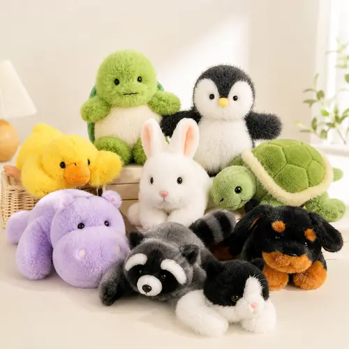 PEACHCAT Fluffy Mascot Stuffed Toy Set - Raccoon, Rottweiler, Bunny, Hippo, Penguin, Turtle, Cat & Duck Plush Toys for Parent-Child Interaction, Emotional Support, Easter Party Use, Gifts for Girlfriend, Stuffed Animals