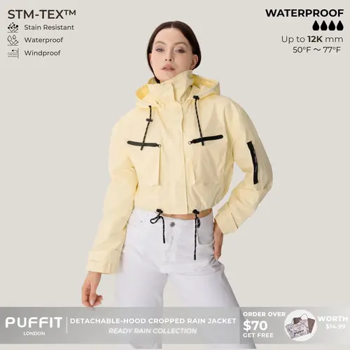 PUFFIT STM-TEX Elevated Cropped Detachable-hood Rain Jacket With Drawstring Hem,WaterProof,Stain Resistant,Windproof,Women's Rain Jacket,Breathable Stylish,Inner Pocket Design,Outdoor Sport,Windbreaker,School Running,Womenswear,,Fall,Winter,2026 Shopping