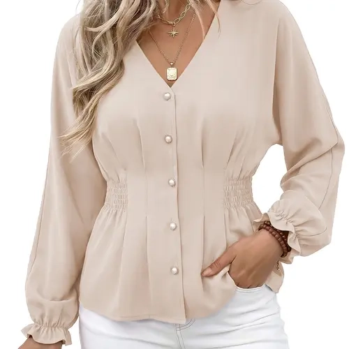 EVALESS Women's Fitted V Neck Tops Button Long Sleeve Solid Color Blouse 2026 Womenswear  Deals For You Days summer outfits,back to school,back to school shopping